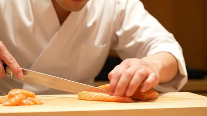 A skilled chef precisely slices fresh salmon on a wooden board, preparing it for culinary use.