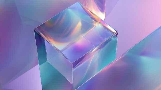 Iridescent glass cube refracting spectral light on pastel background - Powered by Adobe