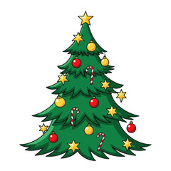 Decorated christmas tree with star, candy cane and ornaments. Holiday vector illustration.