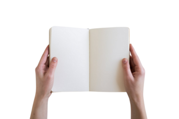Blank notebook held open, ready for your story, journal, or sketch with creative hands visible
