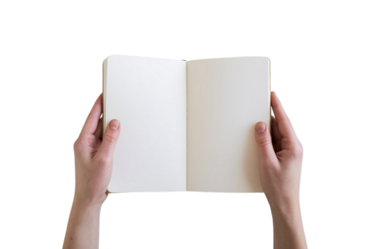 Blank notebook held open, ready for your story, journal, or sketch with creative hands visible