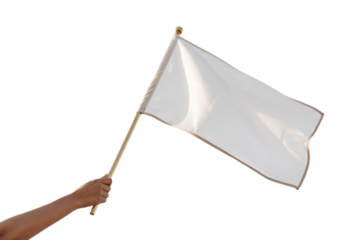 Person holding a plain white flag with a wooden pole, perfect for symbolism and messaging needs now