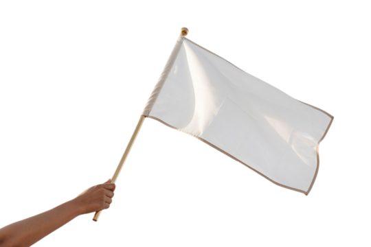 Person holding a plain white flag with a wooden pole, perfect for symbolism and messaging needs now