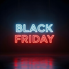 Black friday neon sign illuminated in blue and red glow standing on a wet reflective surface ready for massive sales event announcement