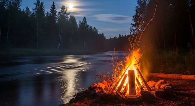 Campfire by river at night camping adventure nature landscape travel destination vacation getaway scene