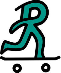 logo of the letters rd and skateboard and depicts a human silhouette