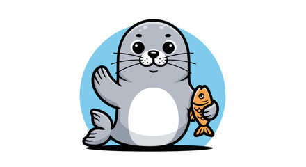 Cartoon seal holding a fish with a blue circle background.