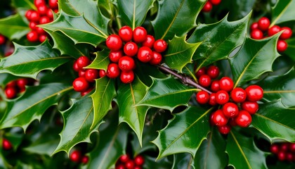 Close-up of vibrant holly plant with glossy green leaves and bright red berries.