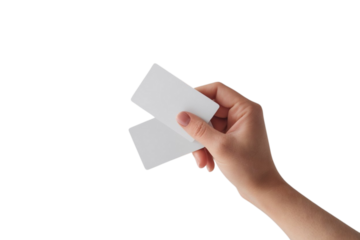 Hand delicately holding blank white cards for mockup, perfect for business or personal use templates