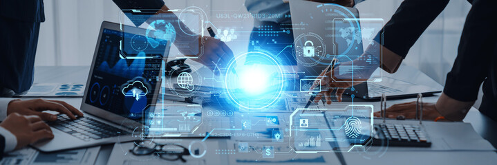 A futuristic command center interface for managing a global technology platform. The dashboard includes data security, network administration, and biometric user authentication. Fermion