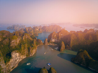 Aerial view of stunning Halong bay seascape at sunset in Vietnam