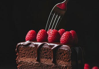Fork piercing a dark chocolate layer cake slice topped with fresh raspberries and rich ganache.