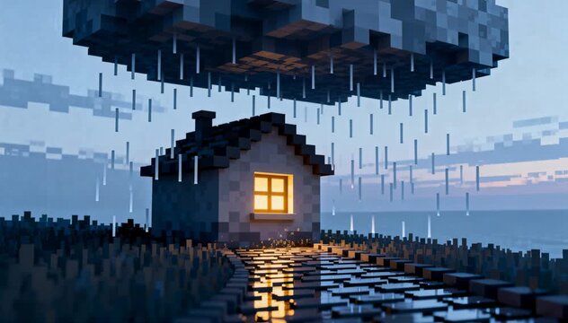 Digital pixel art house with glowing window under sky with pixelated storm cloud raining over pathway during twilight, in a 3D voxel style scene