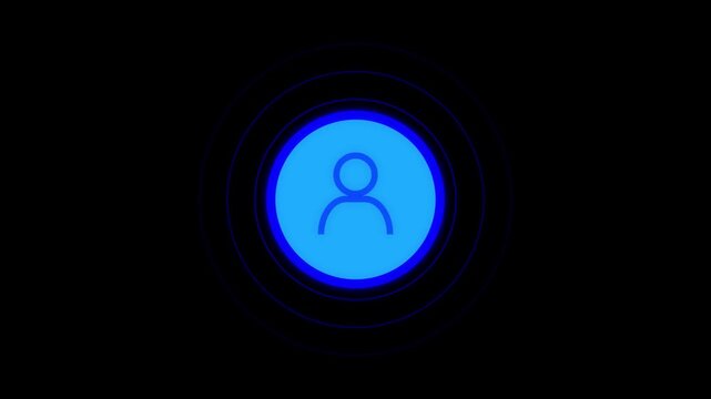 Blue Neon User Icon Inside a Double Circle on animated Black Background profile person. Blue glowing user icon within double circle animated for digital profile, account, and person symbol.
