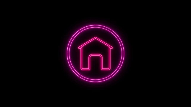 Pink Neon House Icon Inside a Circle on animated Black Background home symbol. House icon inside a circle animated to represent home, real estate, and digital interface symbol.