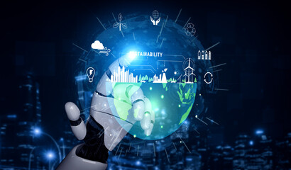 Obraz premium The concept of using AI for sustainability and green energy management. An AI vision for a smart city with renewable resources and a clean ecosystem. Motif