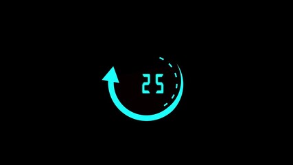 Cyan Circular Countdown Timer with Number 0 to 60 and Arrow on animated Black Background clock. Animated circular timer with cyan numbers 0 to 60 and moving arrow representing clock and countdown. - Powered by Adobe