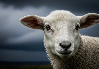 Obraz premium High detail close up portrait of a young white lamb against a dramatic stormy sky