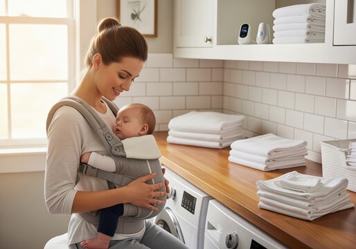 Smiling mother holding sleeping infant in baby carrier while doing laundry.