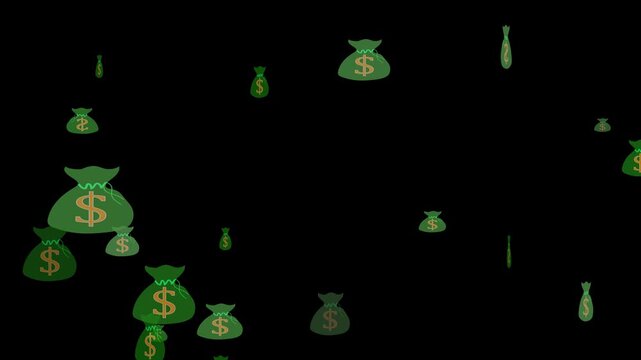 Falling Green Money Bags with Dollar Signs on a animated Transparent Background finance. Animated falling green money bags with dollar symbols forming dynamic finance and business visuals.