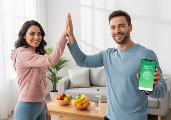 Happy couple celebrating workout success with a high five and fitness app completion screen.