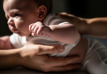 High contrast close up of a small baby clenched fist and torso supported by adult hands
