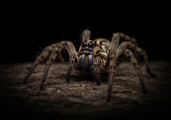 Close up macro shot of a hairy wolf spider on rock with intense glowing eyes