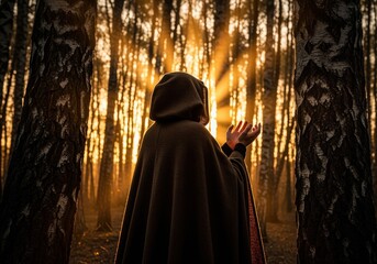 Lone figure in a hooded cloak raising hands toward dramatic golden sun rays in the forest.