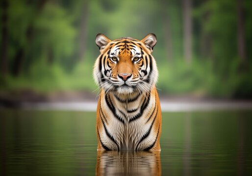 Powerful bengal tiger portrait standing submerged in water in a wild forest environment.