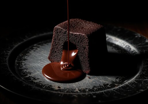 Rich chocolate sauce pouring over a dark square cake slice on a dramatic black plate.