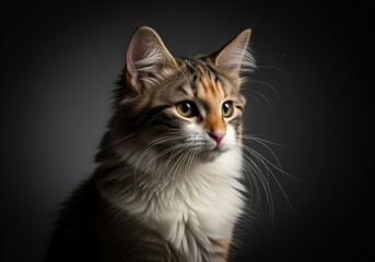 Elegant and dramatic close up portrait of a fluffy calico cat on a dark background