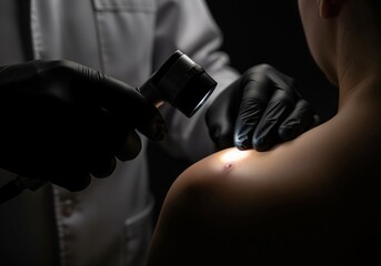 Close up of dermatologist checking a patient skin mole using an illuminated dermatoscope.