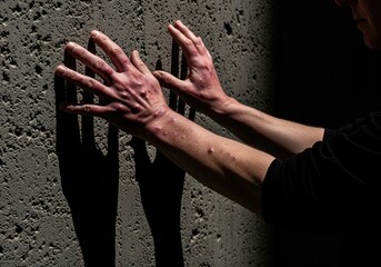 Dramatic lighting on painful rash covered hands touching a rough textured concrete wall