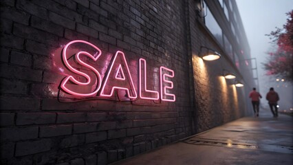 3D pink neon sign reading "SALE" is mounted on a brick wall, emitting a bright glow in a dimly lit urban setting. 