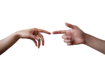 Creative connection with two hands reaching out to touch, symbolizing unity and collaboration