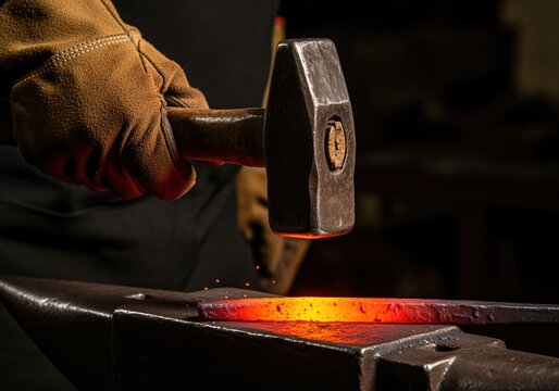 Gloved hand hammering glowing hot metal on a heavy anvil in a dark forge