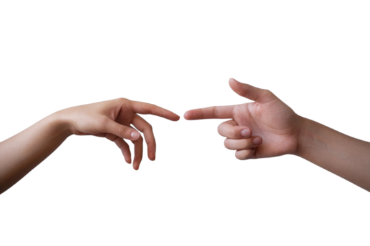 Creative connection with two hands reaching out to touch, symbolizing unity and collaboration