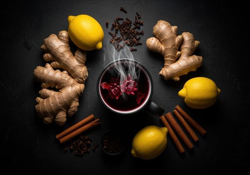 Steaming ginger lemon tea surrounded by spices on a moody dark background.