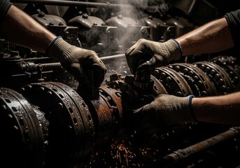 Industrial mechanics hands repairing heavy machinery with sparks and smoke in a dark workshop.