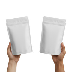 two matte stand-up pouches held in hands isolated on transparent background, clean packaging mockup, modern product design