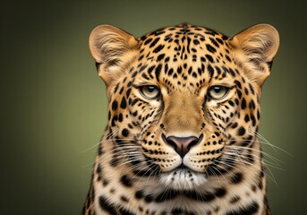 Pristine studio close up portrait of a wild leopard with intense gaze and spotted fur