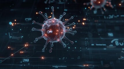 Microscopic view of a virus particle with digital data streams and futuristic interface elements, illustrating scientific research and data analysis - Powered by Adobe