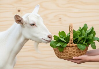 Healthy white goat sniffing fresh green leafy vegetables in a wicker basket held by hands