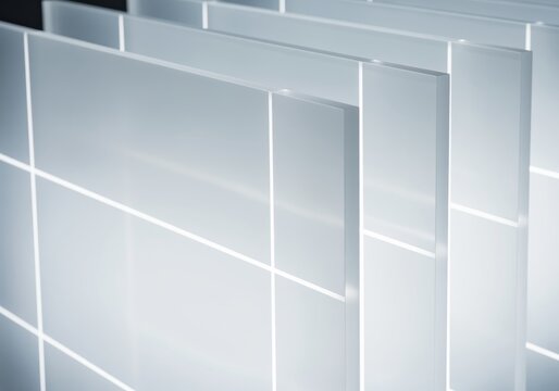 Abstract geometric background of stacked translucent panels with glowing white grid lines - Powered by Adobe