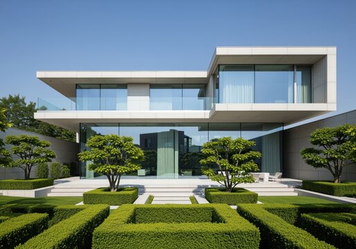 Contemporary concrete and glass modernist home featuring luxury geometric garden landscaping