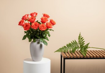 Elegant bouquet of coral roses in a gray vase on a pedestal with a fern leaf