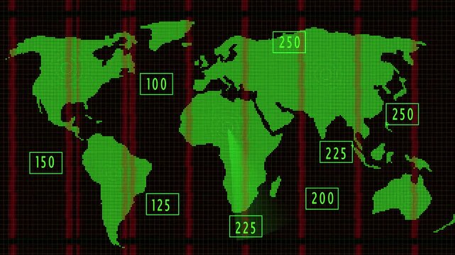 Digital World Map with Green Continents and Red Vertical Lines Showing Time Zones and Numerical Data animated. Green continent digital world map with red vertical lines and animated time zone