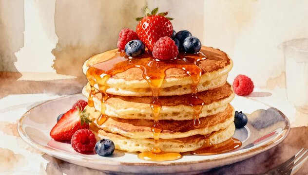 Delicious stack of fluffy golden pancakes topped with fresh mixed berries, drizzled with syrup, served on an elegant plate in a cozy setting