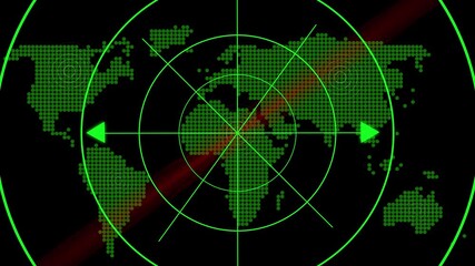 Radar Screen Displaying a Digital World Map with Concentric Circles and Targeting Arrows digital map animated. Digital world map on radar screen with animated concentric circles and dynamic targeting - Powered by Adobe