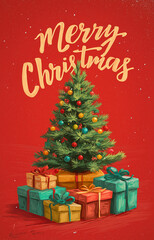 High resolution Christmas tree with gifts on red background featuring golden Merry Christmas inscription, perfect festive mobile app vector illustration design.